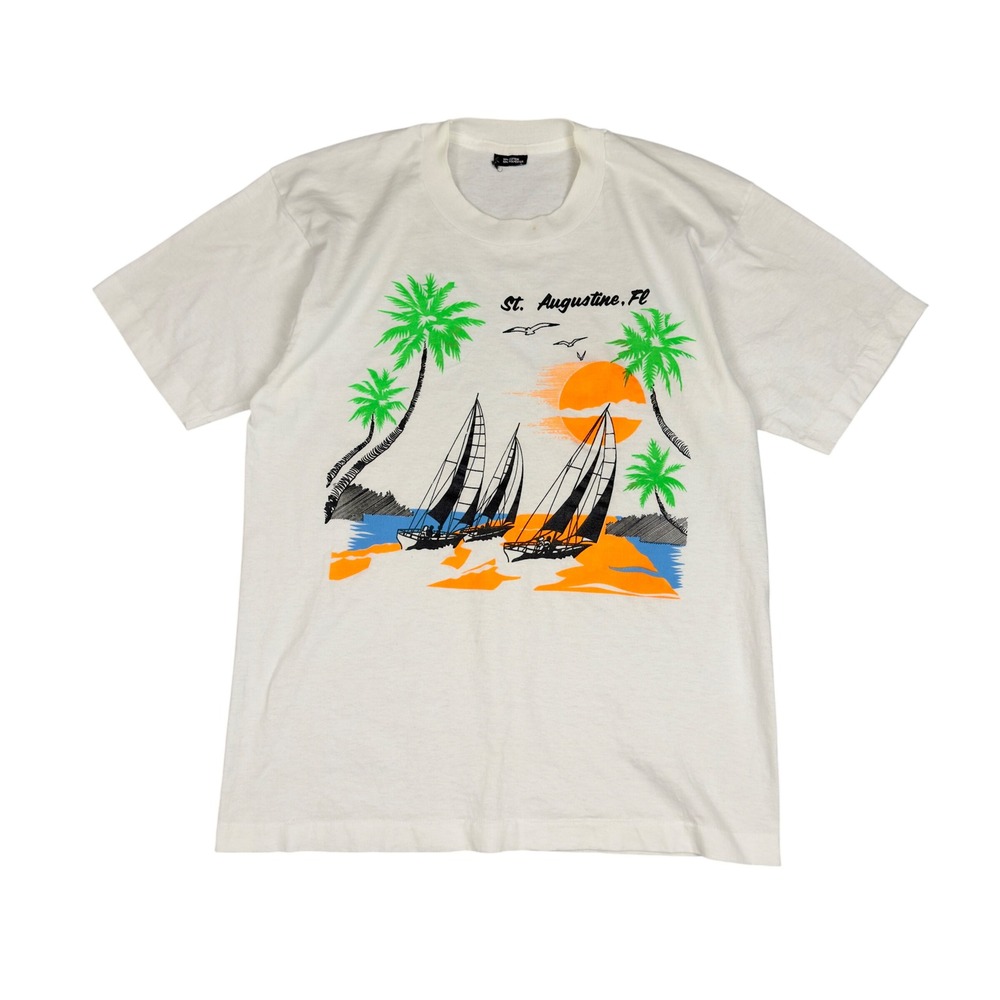Vtg St Augustine FL Tee Mens L White Beach Graphic Screen Stars T Shirt 80s 90s